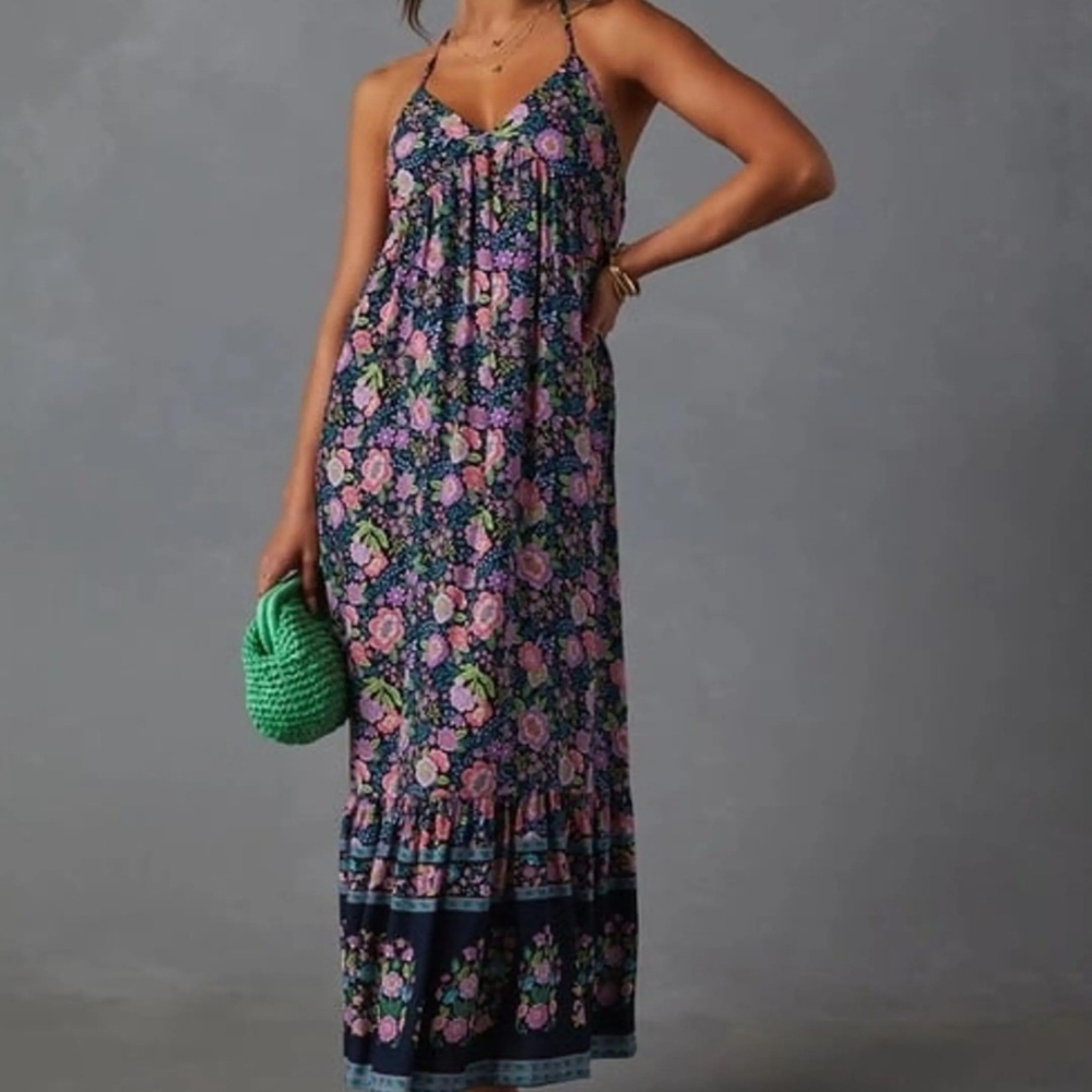 Vici Navy and Pink Floral Maxi Dress Size L